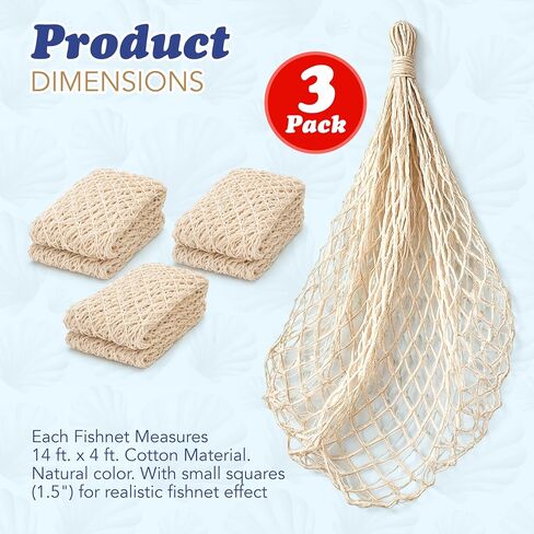 Fish Net Decorative [3 Pack] Natural Cotton Fishnet Decor - Each 14 ft x 4 ft. for Mermaid Party Decorations, Luau Tropical Nautical Beach Table Cover by 4E's Novelty in Saudi Arabia