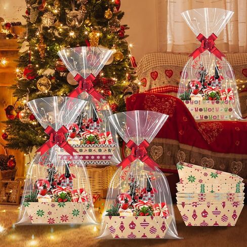 24 Set Christmas Gift Baskets Empty 10x7 Inch, Kraft Paper Christmas Gifts Baskets with Cellophane Bags and Red Pull Bows, Reusable Gift Wrapping for Xmas Holiday Winter Party Supplies in Kuwait
