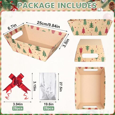 24 Set Christmas Gift Baskets Empty 10x7 Inch, Kraft Paper Christmas Gifts Baskets with Cellophane Bags and Red Pull Bows, Reusable Gift Wrapping for Xmas Holiday Winter Party Supplies in Kuwait