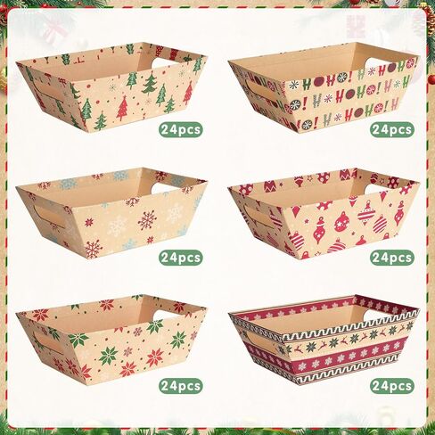 24 Set Christmas Gift Baskets Empty 10x7 Inch, Kraft Paper Christmas Gifts Baskets with Cellophane Bags and Red Pull Bows, Reusable Gift Wrapping for Xmas Holiday Winter Party Supplies in Kuwait
