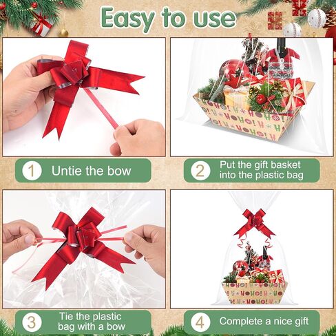 24 Set Christmas Gift Baskets Empty 10x7 Inch, Kraft Paper Christmas Gifts Baskets with Cellophane Bags and Red Pull Bows, Reusable Gift Wrapping for Xmas Holiday Winter Party Supplies in Kuwait