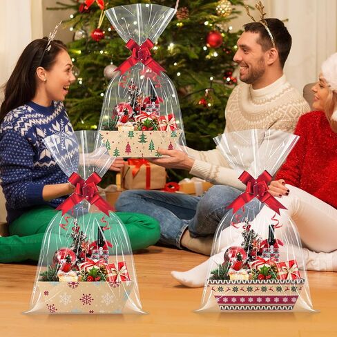 24 Set Christmas Gift Baskets Empty 10x7 Inch, Kraft Paper Christmas Gifts Baskets with Cellophane Bags and Red Pull Bows, Reusable Gift Wrapping for Xmas Holiday Winter Party Supplies in Kuwait