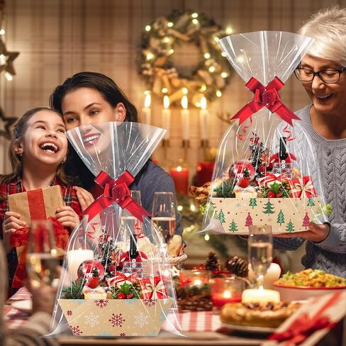 24 Set Christmas Gift Baskets Empty 10x7 Inch, Kraft Paper Christmas Gifts Baskets with Cellophane Bags and Red Pull Bows, Reusable Gift Wrapping for Xmas Holiday Winter Party Supplies in Kuwait