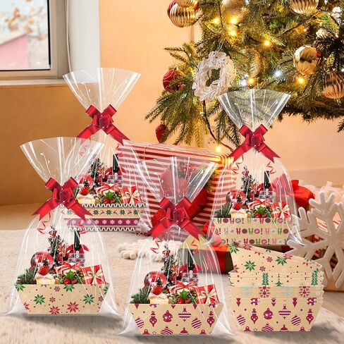 24 Set Christmas Gift Baskets Empty 10x7 Inch, Kraft Paper Christmas Gifts Baskets with Cellophane Bags and Red Pull Bows, Reusable Gift Wrapping for Xmas Holiday Winter Party Supplies in Kuwait