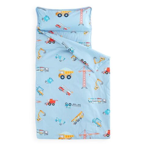 Wake In Cloud - Toddler Nap Mat with Pillow and Blanket, 100% Cotton Fabric, for Kids Boys Ages 3 Plus in Daycare Kindergarten Preschool, Cars Cranes Trucks, Dark Blue, Standard in Saudi Arabia