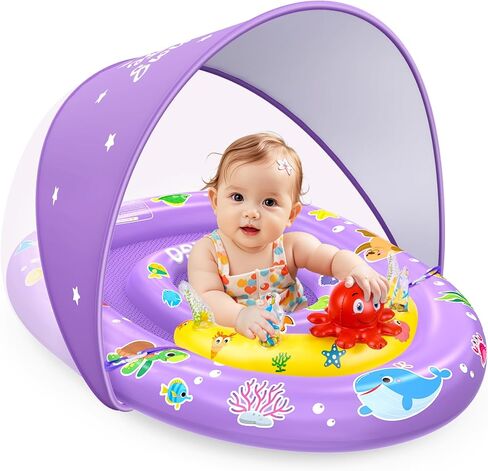 EZIGO Baby Pool Float with Canopy UPF50+ Sun Protection, Inflatable Kids Pool Float with Ocean Animal Toys for Babies 6-36 Months, Infant Swimming Float with Adjustable Safety Seat for Boys Girls in Kuwait