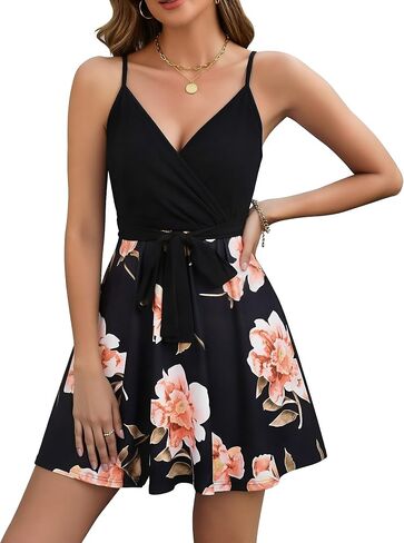 ECOWISH Womens V-Neck Spaghetti Strap Bowknot Backless Sleeveless Lace Mini Swing Skater Dress in Kuwait