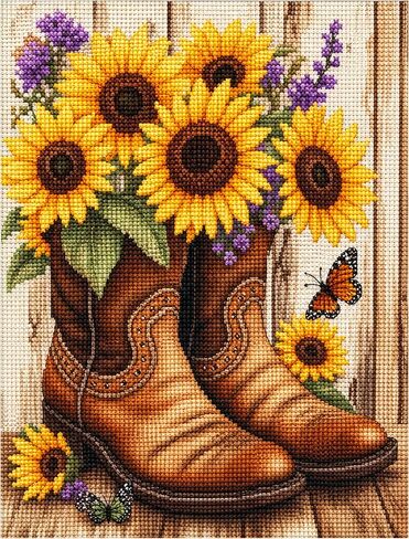 Zhenqing Sunflower Boot Cross Stitch Kit - 11CT Pre-Printed 30x40cm Fabric with Threads & Needle (No Hoop Needed)(70033) in Saudi Arabia
