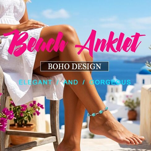 Nicute Boho الفيروز خلخال الفضة أساور الكاحل الصيف شاطئ القدم مجوهرات للنساء والفتيات in Kuwait