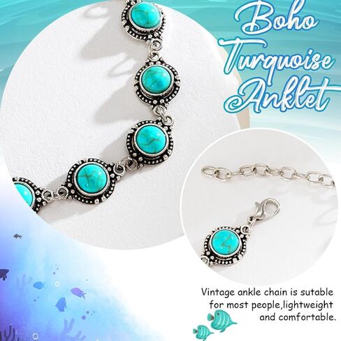 Nicute Boho الفيروز خلخال الفضة أساور الكاحل الصيف شاطئ القدم مجوهرات للنساء والفتيات in Kuwait