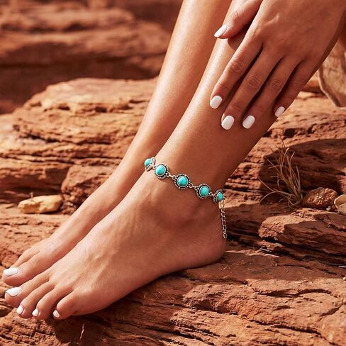 Nicute Boho الفيروز خلخال الفضة أساور الكاحل الصيف شاطئ القدم مجوهرات للنساء والفتيات in Kuwait