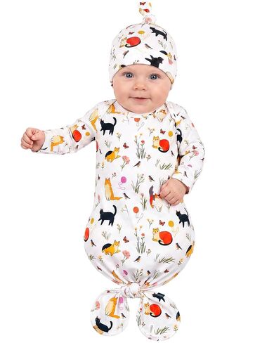 Baby Knotted Gown Newborns 0-6 Months, Soft Breathable Newborn Sleeper Gowns, Baby Girl Coming Home Outfit Essential Gift Watercolor Floral with Headband Set in Kuwait