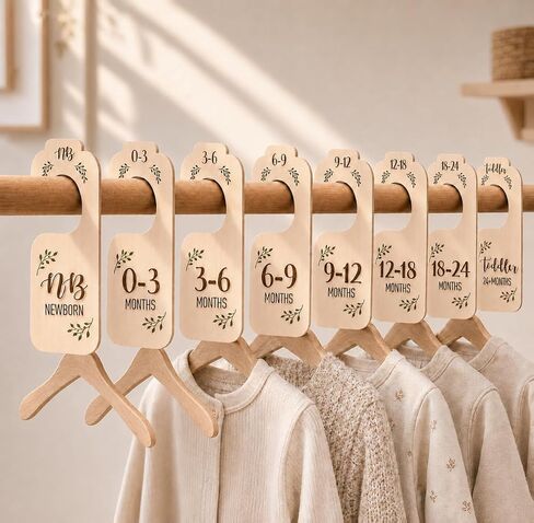 Giftacity Baby Closet Dividers for Clothes Organizer - Set of 8 Beautiful Wooden Double-Sided Baby Clothes Size Hanger Organizer from Newborn to 24 Months for Boho Nursery Decor in Saudi Arabia