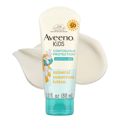 Aveeno Kids Continuous Protection Zinc Oxide Mineral Sunscreen Lotion for Children's Sensitive Skin with Broad Spectrum SPF 50, Tear-Free, Sweat- & Water-Resistant, Non-Greasy, 3 fl. oz in Saudi Arabia