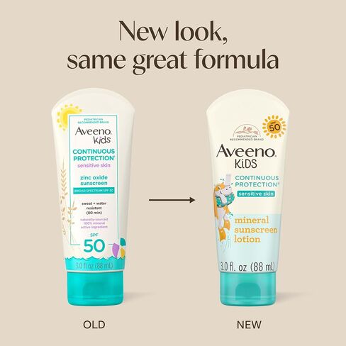Aveeno Kids Continuous Protection Zinc Oxide Mineral Sunscreen Lotion for Children's Sensitive Skin with Broad Spectrum SPF 50, Tear-Free, Sweat- & Water-Resistant, Non-Greasy, 3 fl. oz in Saudi Arabia