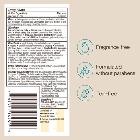 Aveeno Kids Continuous Protection Zinc Oxide Mineral Sunscreen Lotion for Children's Sensitive Skin with Broad Spectrum SPF 50, Tear-Free, Sweat- & Water-Resistant, Non-Greasy, 3 fl. oz in Saudi Arabia