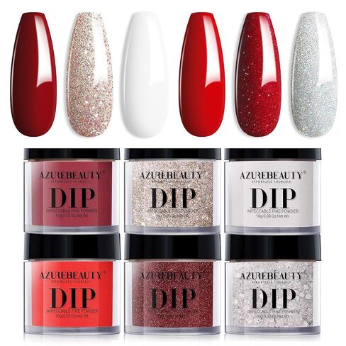 AZUREBEAUTY Dip Powder Nail Set, Red Burgundy Rose Apple Berry Sparkle Snow White Silver Glitter Valentine's Day Gift, 6 Colors Fall Winter Dipping Powder Starter Kit Nail Art Manicure DIY Salon, No Need Nail Lamp Cured in Saudi Arabia