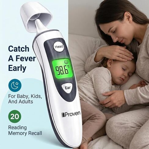 iProven Thermometer for Adults Forehead and Ear - Fever Alarm, 1 Second Reading, Color Temperature Indicator, 20 Readings Memory Recall, Medical Thermometer for Adults Kids and Babies - DMT-489 in Saudi Arabia