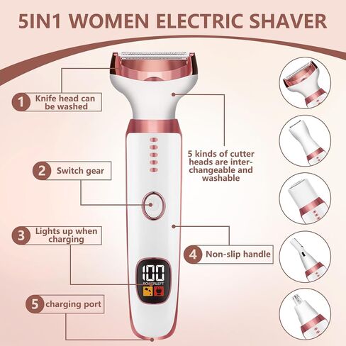 Electric Razor for Women Bikini Trimmer, MKIOVH Women's Shaver Cordless Portable 4 in 1 Painless Shaver, ​for face Legs Brows Nose Brows Nose Detachable Head USB Rechargeable Hair Trimmer in Kuwait