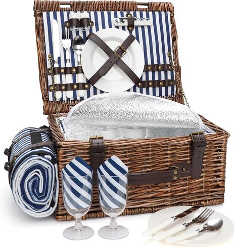 Wicker Picnic Basket for 2 with Waterproof Picnic Blanket, Picnic Set for 2 with Sand-proof Beach Mat,Willow Hamper Service Gift Set for Camping and Outdoor Party Best Gift in Kuwait