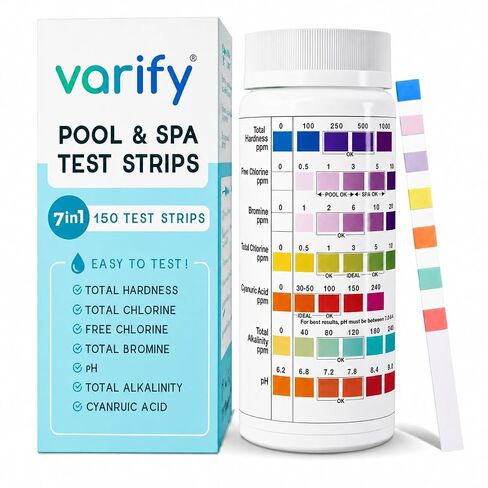 Premium Pool and Spa Test Strips - 100 ct - 7 Way Accurate Testing Strip for Pool + Hot Tub | Chlorine Bromine Alkalinity pH Hardness & Cyanuric Acid | Water Quality Testing Kit for Water Maintenance in Saudi Arabia