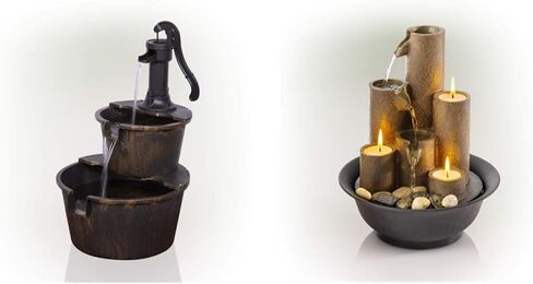 Alpine Corporation Barrel Waterfall Fountain and Tiered Column Tabletop Fountain with Candles in Saudi Arabia