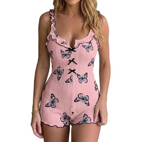 Women’s One Piece Pajama Romper Ditsy Floral Cute Lounge Onesie Slim Fit Sleeveless Sweet Home Sleepwear in Saudi Arabia