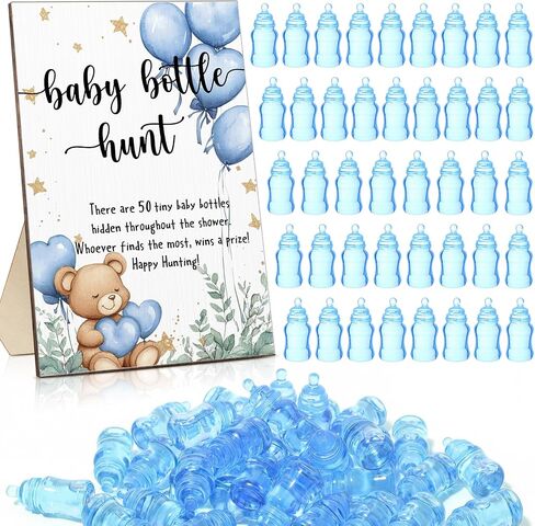 Chunful 51 Pcs Baby Shower Games Include Greenery Baby Bottle Hunt Sign Wooden Baby Gift Sets and 50 Pcs Resin Baby Bottle Shower Favor for Baby Shower Gender Reveal (Blue) in Saudi Arabia