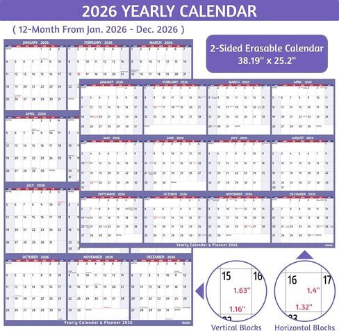 تقويم المسح الجاف 2026 - تقويم حائط سنوي كبير 2026، 38.2 بوصة × 25.2 بوصة، تقويم قابل للعكس على الجانبين 2026، عمودي/أفقي، يناير 2026 - ديسمبر 2026، 2026 تقويم حائط مسح جاف مع ملاحظات وملصقات in Kuwait