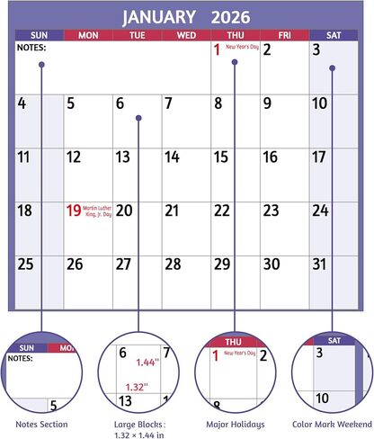 تقويم المسح الجاف 2026 - تقويم حائط سنوي كبير 2026، 38.2 بوصة × 25.2 بوصة، تقويم قابل للعكس على الجانبين 2026، عمودي/أفقي، يناير 2026 - ديسمبر 2026، 2026 تقويم حائط مسح جاف مع ملاحظات وملصقات in Kuwait