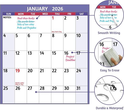 تقويم المسح الجاف 2026 - تقويم حائط سنوي كبير 2026، 38.2 بوصة × 25.2 بوصة، تقويم قابل للعكس على الجانبين 2026، عمودي/أفقي، يناير 2026 - ديسمبر 2026، 2026 تقويم حائط مسح جاف مع ملاحظات وملصقات in Kuwait