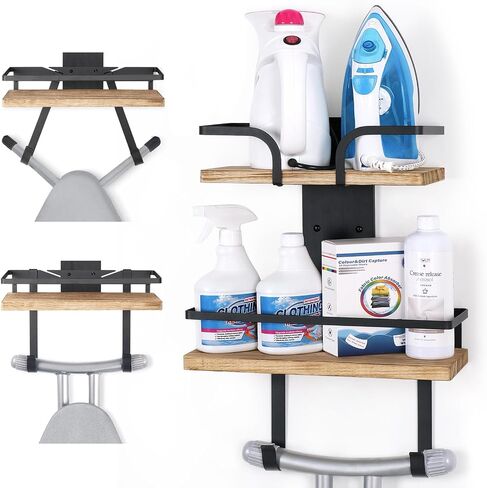 VINAEMO Ironing Board Hanger Wall Mount, 2-Layer Iron and Ironing Board Holder, Laundry Room Shelves Solid Wood with Removable Hooks Home Organization and Storage in Saudi Arabia