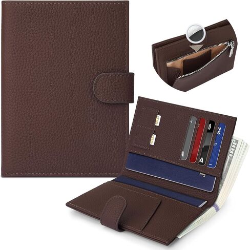 Genuine Leather Passport Holder for Women Men, Hidden Airtag Pocket, RFID Blocking, Zippered Coins Pocket & Cash Compartment Travel Gifts Essentials Passport Cover Case - Blue in Saudi Arabia