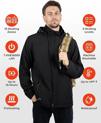 Heated Jacket for Men, Winter Heating Coat Men's Outdoor Coat with Detachable Hood in Saudi Arabia