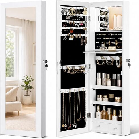 Mirror Jewelry Organizer, Wall/Door Mounted Jewelry Armoire with Full-Length Mirror,Hanging Jewelry Cabinet with LED Interior Lights, White in Saudi Arabia