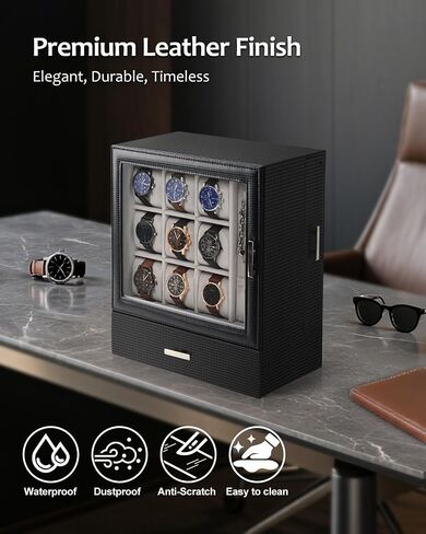 صندوق ساعة Jenseits للرجال، صندوق مجوهرات للرجال، حافظة ساعة 6 فتحات ومنظم نظارات شمسية 3 فتحات، منظم مجوهرات من جلد البولي يوريثان قابل للقفل، تخزين عرض العرض مع درج للحلقات والأساور، هدية للرجال والنساء in Kuwait