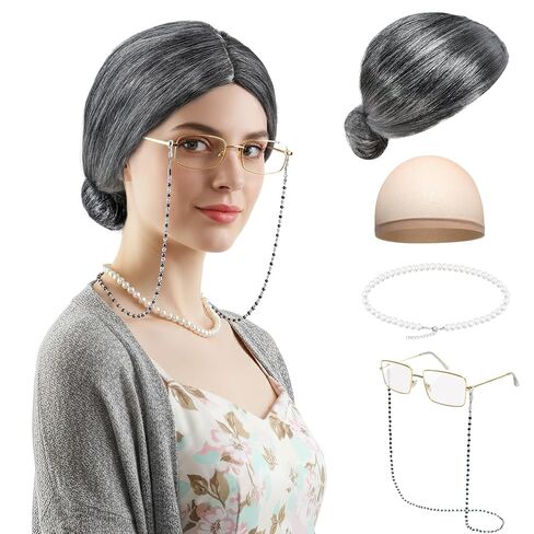 Old Lady Costume for Women, 5 PCS Kids 100 Days of School Grandma Wig Costume Halloween Girls Adults Cosplay Accessories Set (Silver Bun) in Saudi Arabia