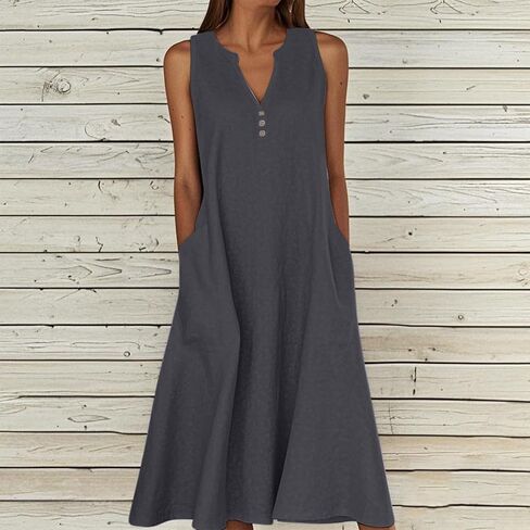 Linen Dresses for Women 2025 Summer Beach Vacation Outfits V Neck Sleeveless Sundresses Flowy Midi Dress with Pocket in Saudi Arabia
