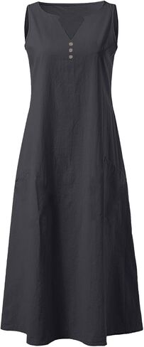 Linen Dresses for Women 2025 Summer Beach Vacation Outfits V Neck Sleeveless Sundresses Flowy Midi Dress with Pocket in Saudi Arabia