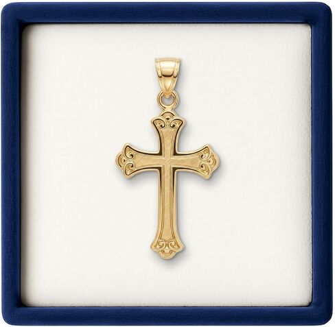 Cross+Crown Premium 14K قلادة صليب من الذهب الأصفر المزخرف، قلادة متينة مزدوجة 14K للقلادة، صليب ذهبي للنساء والرجال للسلسلة، مجوهرات دينية مصنوعة يدويًا في الولايات المتحدة الأمريكية مع صندوق مجوهرات ممتاز in Kuwait
