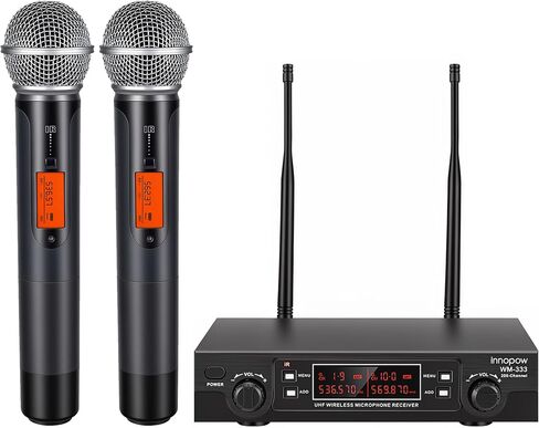 نظام ميكروفونات لاسلكية innopow 200 قناة، مجموعة ميكروفون لاسلكي مزدوج UHF معدني، مسح تلقائي، مدى طويل 200-240 قدم، استخدام 16 ساعة لغناء الكاريوكي، الكنيسة، إصدار 2022 (WM333) in Kuwait
