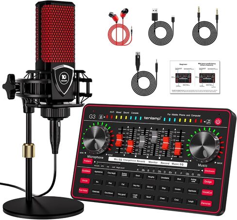 Audio Mixer with Sound Card, tenlamp Two 3.5mm Studio Condenser Microphone and G3 Audio interface, Sound Board Voice Changer, Podcast Equipment Bundle for PC Recording Gaming Live Streaming Podcast in Saudi Arabia