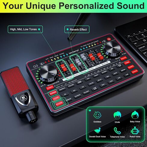 Audio Mixer with Sound Card, tenlamp Two 3.5mm Studio Condenser Microphone and G3 Audio interface, Sound Board Voice Changer, Podcast Equipment Bundle for PC Recording Gaming Live Streaming Podcast in Saudi Arabia