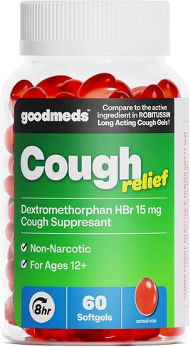 تخفيف السعال للبالغين، كبسولات هلامية ديكستروميثورفان HBr (DXM) 15 مجم 8 ساعات، غير نعسان، مثبط للشعب الهوائية طويل الأمد للسعال الجاف واحتقان الصدر (60 قطعة) in Kuwait