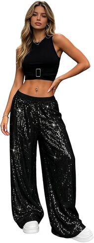AIBEARTY Women's Sequin Wide Leg Pants Sparkly Low Waisted Casual Trousers Loose Fit Palazzo Pants for Party Rave Club in Saudi Arabia