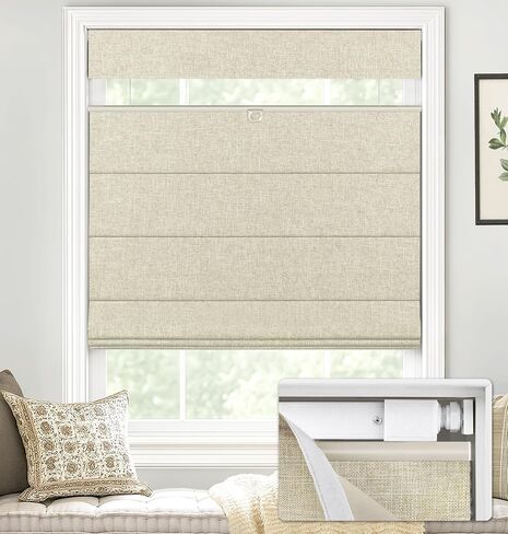 LazBlinds No Tools No Drill TDBU Cordless Roman Shades for Window, Thermal Insulated UV Blocking, 100% Blackout Fabric Blinds for Bedroom & Living Room, 34" W x 64" H, Blackout - White in Saudi Arabia