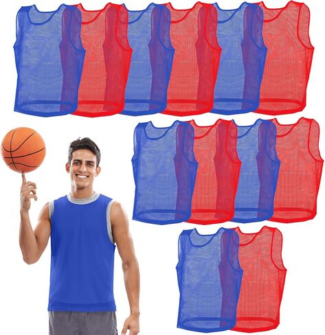 اخرج! Scrimmage Vest Pinnies 12pk باللون الأحمر والأزرق - مقاسات الشباب والمراهقين والبالغين - قمصان شبكية من النايلون لأي رياضة in Kuwait