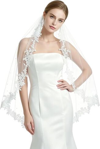 Wedding Veil Lace 1 Tier Cathedral Length Fingertip Length Bride Veil with Metal Comb in Kuwait