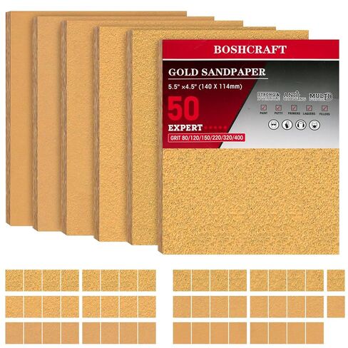 BOSHCRAFT 50 Pcs 1/4 Sheet Sandpaper, Premium Sand Paper 80/120/150/220/320/400 Grit Assortment Sandpaper for Wood Metal Automotive Palm Sanders 5.5" x 4.5" in Saudi Arabia