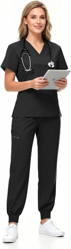 Women's Medical Scrub Sets Stretch V-Neck Scrub Top & Jogger Pant with 8 Pockets Nursing Uniform Scrubs Suit in Saudi Arabia